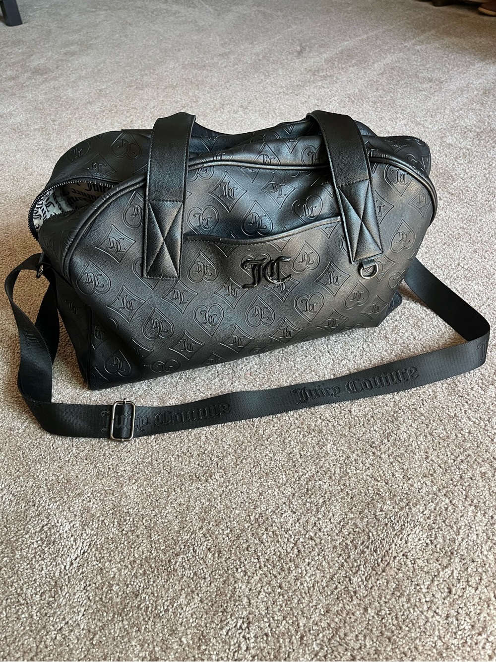 VTG 00’s / Y2K Juicy Couture Black Leather Embossed Logo Travel Bag Duffle Bag